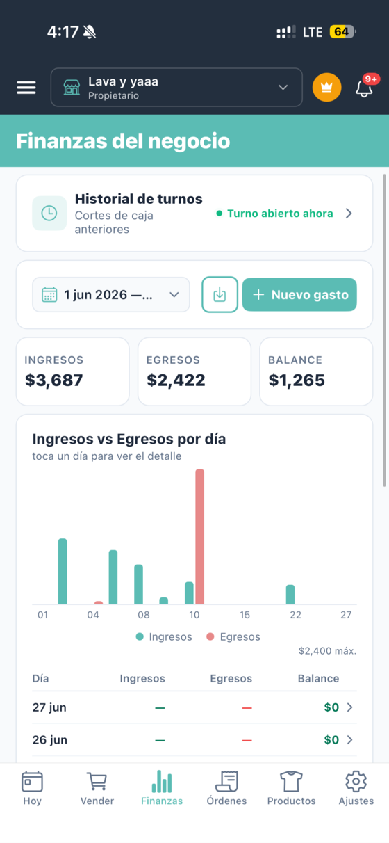 Finanzas del negocio en Lava y Ya para iPhone